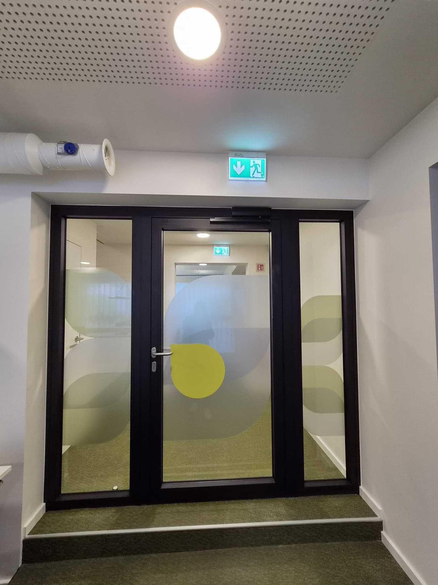 Schwarze Glastür mit grünen Motiven in einem beleuchteten Flur, mit Notausgang